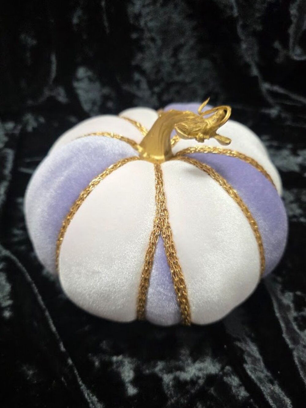 Lavender and White Velvet Pumpkin, Gold Cord Trim, Handcrafted